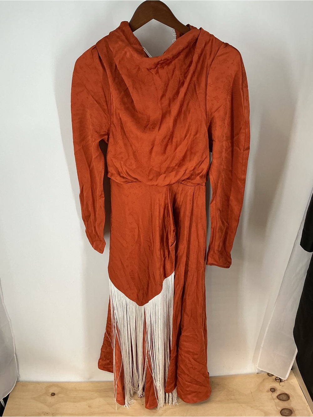 Jonathan Simkhai Rust Orange Fringe Long Sleeve Women’s Dress Size S